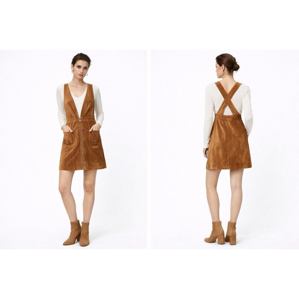 MOON RIVER Brown Corduroy Overall Mini Dress Women’s M Zip Front Pockets
